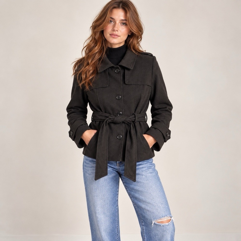 Marezzi Black Belted Jacket L Wool Blend Tailored Military Quiet Luxury